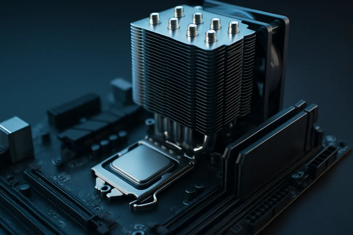 Bundkort med processor, RAM og k&oslash;ler i en pc